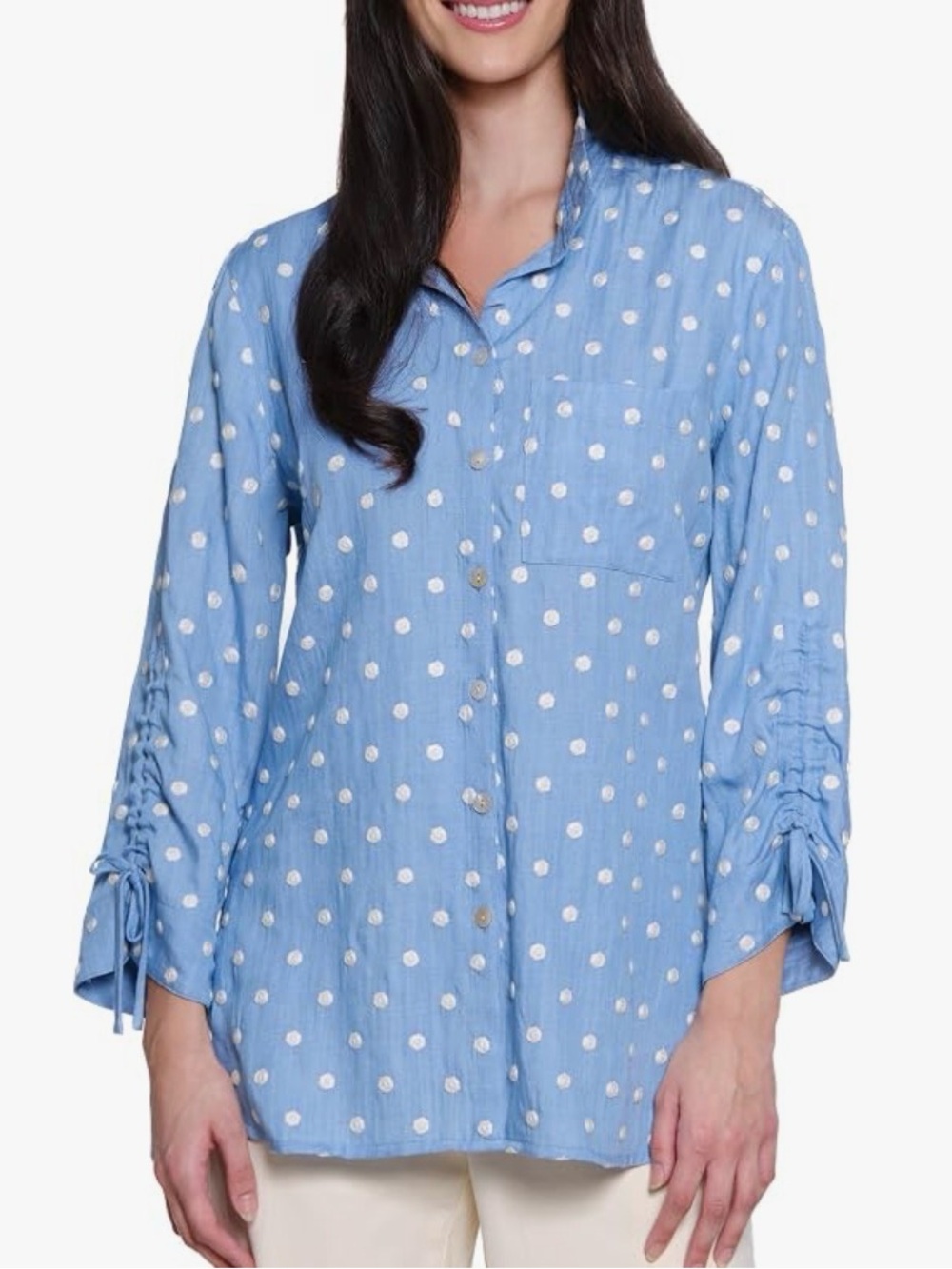John Mark Blouse Womens XL Blue Chambray Embroidered Polka Dot Cinch Tie Sleeve